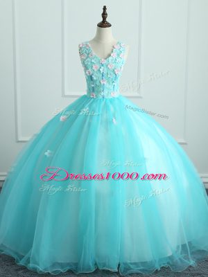 Lovely Aqua Blue Organza Lace Up Sweet 16 Dress Sleeveless Floor Length Appliques