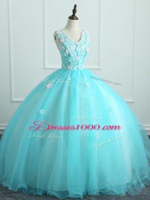 Lovely Aqua Blue Organza Lace Up Sweet 16 Dress Sleeveless Floor Length Appliques