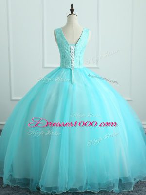 Lovely Aqua Blue Organza Lace Up Sweet 16 Dress Sleeveless Floor Length Appliques