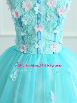 Lovely Aqua Blue Organza Lace Up Sweet 16 Dress Sleeveless Floor Length Appliques