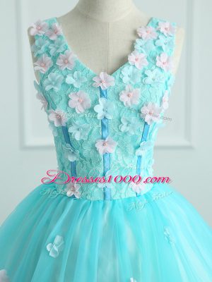 Lovely Aqua Blue Organza Lace Up Sweet 16 Dress Sleeveless Floor Length Appliques