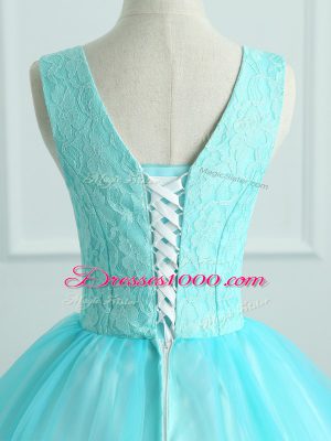 Lovely Aqua Blue Organza Lace Up Sweet 16 Dress Sleeveless Floor Length Appliques