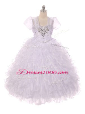 Customized Beading and Ruffles Girls Pageant Dresses White Lace Up Sleeveless Floor Length