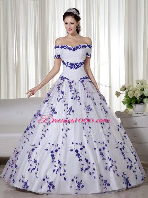 Most Popular White Off The Shoulder Lace Up Embroidery Quince Ball Gowns Short Sleeves