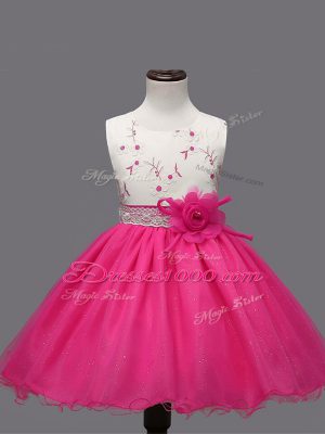 Knee Length Ball Gowns Sleeveless Hot Pink Flower Girl Dress Zipper
