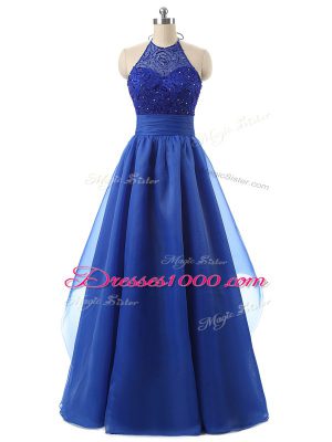 Floor Length Zipper Homecoming Dress Blue for Prom and Military Ball with Beading and Ruffles
