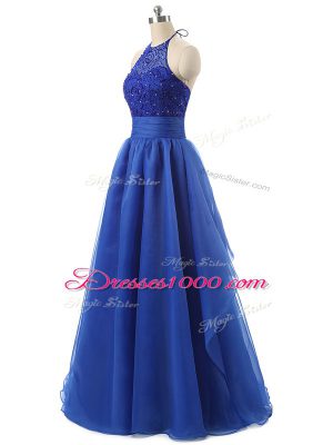 Floor Length Zipper Homecoming Dress Blue for Prom and Military Ball with Beading and Ruffles