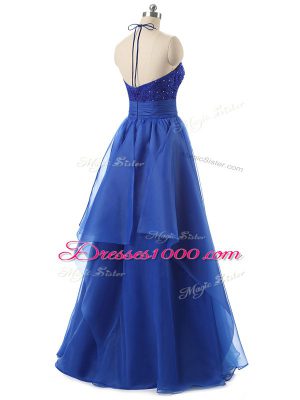 Floor Length Zipper Homecoming Dress Blue for Prom and Military Ball with Beading and Ruffles