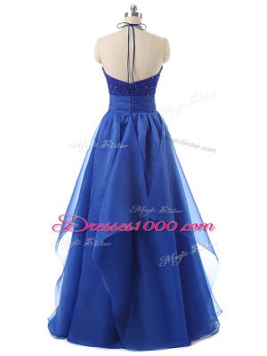 Floor Length Zipper Homecoming Dress Blue for Prom and Military Ball with Beading and Ruffles