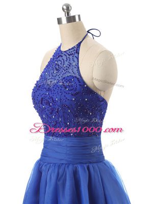 Floor Length Zipper Homecoming Dress Blue for Prom and Military Ball with Beading and Ruffles