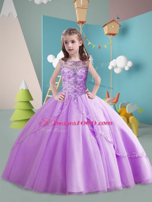 Elegant Lavender Lace Up Child Pageant Dress Beading Sleeveless Brush Train