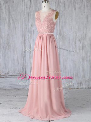 Pink Bridesmaids Dress Scoop Sleeveless Sweep Train Backless