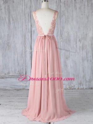 Pink Bridesmaids Dress Scoop Sleeveless Sweep Train Backless