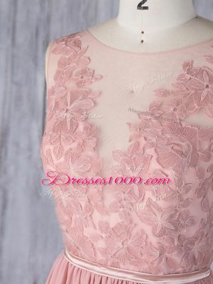 Pink Bridesmaids Dress Scoop Sleeveless Sweep Train Backless