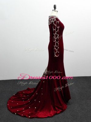 Edgy Burgundy Zipper Mother Dresses Beading Long Sleeves Brush Train