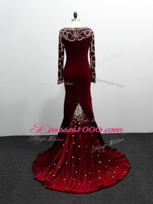 Edgy Burgundy Zipper Mother Dresses Beading Long Sleeves Brush Train