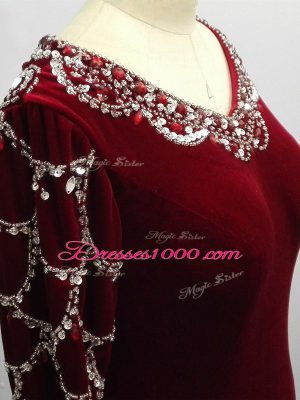 Edgy Burgundy Zipper Mother Dresses Beading Long Sleeves Brush Train