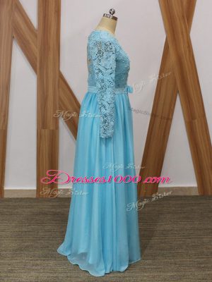 Lace Mother of Groom Dress Baby Blue Backless Long Sleeves Floor Length