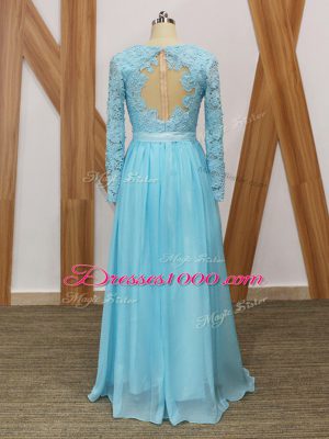 Lace Mother of Groom Dress Baby Blue Backless Long Sleeves Floor Length