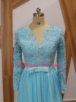 Lace Mother of Groom Dress Baby Blue Backless Long Sleeves Floor Length