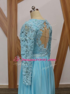 Lace Mother of Groom Dress Baby Blue Backless Long Sleeves Floor Length