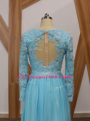 Lace Mother of Groom Dress Baby Blue Backless Long Sleeves Floor Length