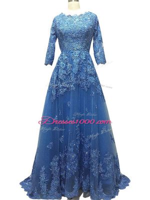 Modest Blue Empire Tulle Scalloped 3 4 Length Sleeve Lace and Appliques Zipper Prom Gown Brush Train