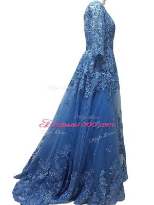 Modest Blue Empire Tulle Scalloped 3 4 Length Sleeve Lace and Appliques Zipper Prom Gown Brush Train