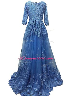 Modest Blue Empire Tulle Scalloped 3 4 Length Sleeve Lace and Appliques Zipper Prom Gown Brush Train