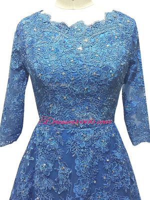 Modest Blue Empire Tulle Scalloped 3 4 Length Sleeve Lace and Appliques Zipper Prom Gown Brush Train