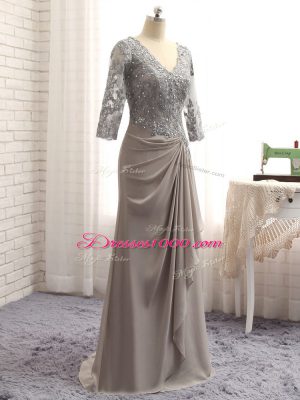 Best Selling Grey Mother Dresses Prom and Party and Beach and Wedding Party with Lace and Appliques V-neck Long Sleeves Zipper