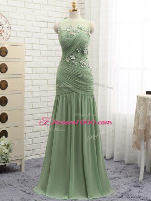 Olive Green Prom Evening Gown Chiffon Brush Train Sleeveless Ruching and Hand Made Flower