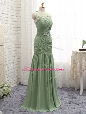 Olive Green Prom Evening Gown Chiffon Brush Train Sleeveless Ruching and Hand Made Flower