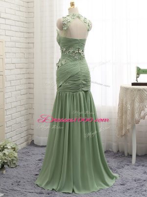 Olive Green Prom Evening Gown Chiffon Brush Train Sleeveless Ruching and Hand Made Flower