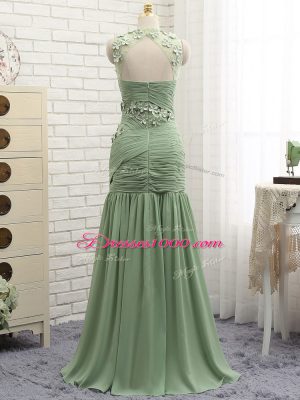 Olive Green Prom Evening Gown Chiffon Brush Train Sleeveless Ruching and Hand Made Flower