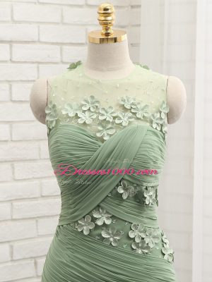 Olive Green Prom Evening Gown Chiffon Brush Train Sleeveless Ruching and Hand Made Flower