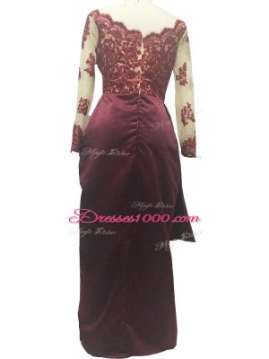 Burgundy Zipper Scalloped Lace and Appliques Mother Dresses Taffeta Long Sleeves