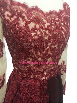 Burgundy Zipper Scalloped Lace and Appliques Mother Dresses Taffeta Long Sleeves