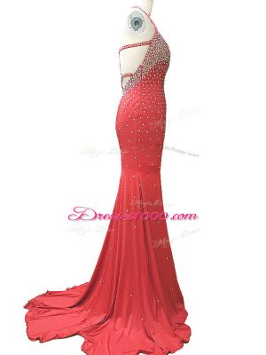 Sleeveless Beading Criss Cross Evening Dress with Red Brush Train