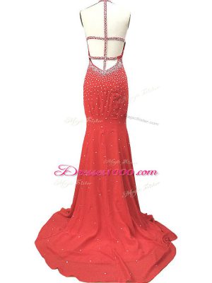 Sleeveless Beading Criss Cross Evening Dress with Red Brush Train