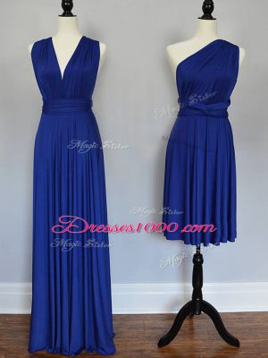 Luxury Royal Blue Empire Chiffon One Shoulder Sleeveless Ruching Floor Length Lace Up Bridesmaids Dress