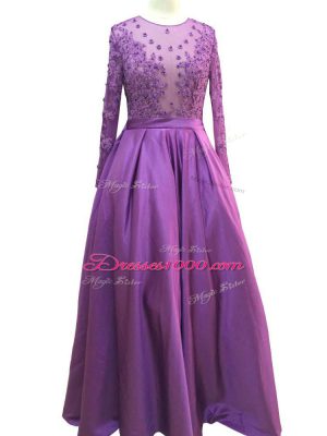 Captivating Purple Empire Scoop Long Sleeves Taffeta Floor Length Zipper Beading and Lace and Appliques Prom Evening Gown
