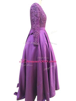 Captivating Purple Empire Scoop Long Sleeves Taffeta Floor Length Zipper Beading and Lace and Appliques Prom Evening Gown