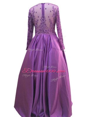 Captivating Purple Empire Scoop Long Sleeves Taffeta Floor Length Zipper Beading and Lace and Appliques Prom Evening Gown