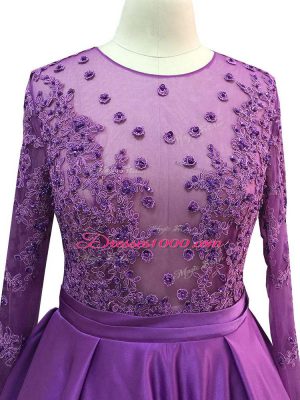 Captivating Purple Empire Scoop Long Sleeves Taffeta Floor Length Zipper Beading and Lace and Appliques Prom Evening Gown