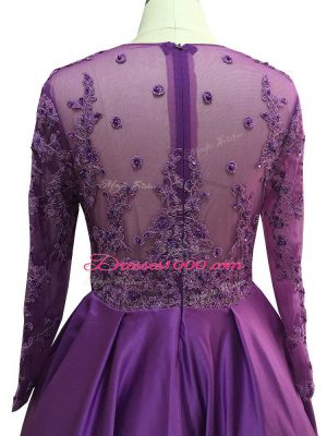 Captivating Purple Empire Scoop Long Sleeves Taffeta Floor Length Zipper Beading and Lace and Appliques Prom Evening Gown