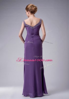 Beautiful Purple Sleeveless Beading Floor Length Mother of Groom Dress