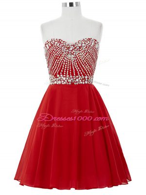 Red A-line Chiffon Sweetheart Sleeveless Beading Mini Length Lace Up Prom Dresses