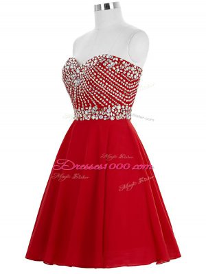Red A-line Chiffon Sweetheart Sleeveless Beading Mini Length Lace Up Prom Dresses