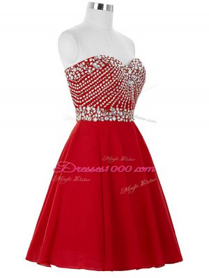 Red A-line Chiffon Sweetheart Sleeveless Beading Mini Length Lace Up Prom Dresses